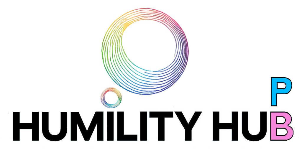 The Humility Hub company Logo consisting of a circle of rainbow coloured circles placed above the words Humility Hub, with the letters PB (denoting Pips Bunce) shown in blue and pink,  intersecting with the word Hub
