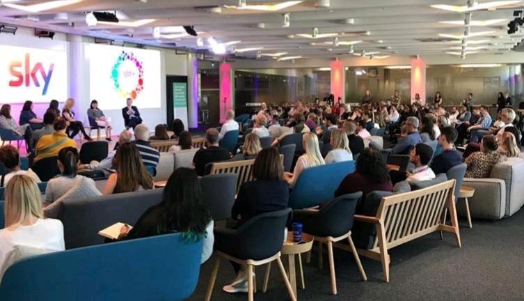 A view from the back of the room showing a full auditorium at Sky HQ as part of the Sky event that Pips Bunce was part of the panel for,