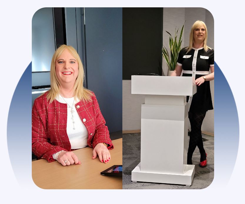 Two side by side images of Pips Bunce. One of her sitting at a desk participating in a discussion session and the other of her standing behind a podium, addressing the room as part of a session she is hosting