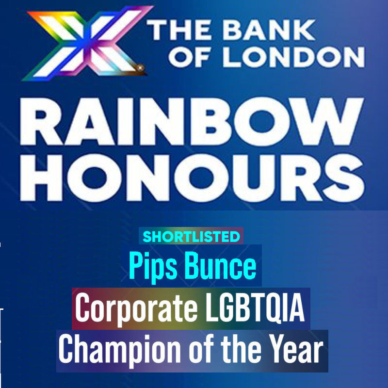 Award recognition icon highlighting the shortlisting of Pips Bunce  on the Bank of London Rainbow Honors Corporate LGTBQI+ Champion of the Year