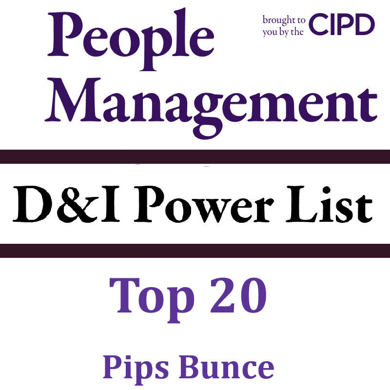 Award recognition icon highlighting the placement of Pips Bunce, founder of Humility Hub, being listed on the CIPD People Management D&I Power List Top 20