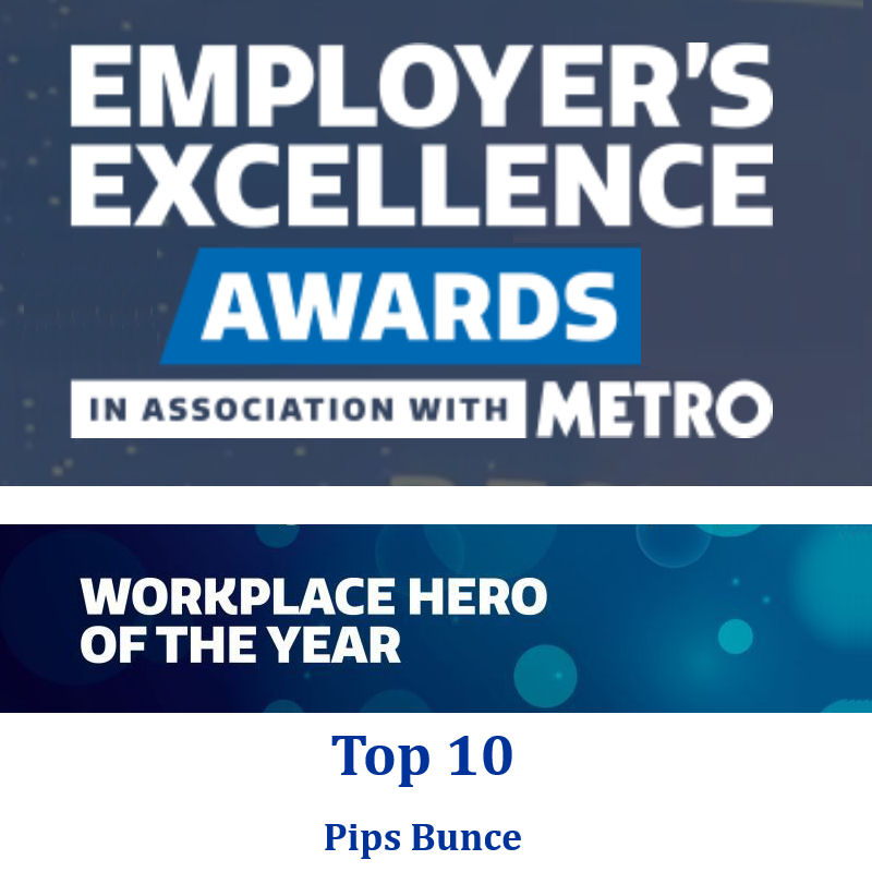 Award recognition icon highlighting the Top 10 placement of Pips Bunce  on the Metro Employers Excellence Awards