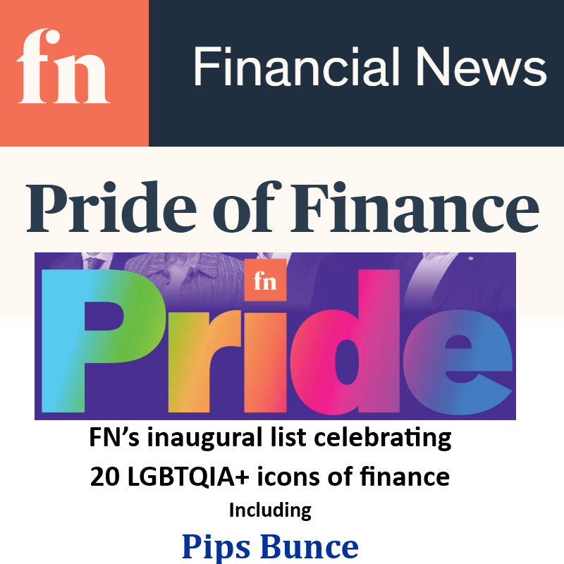 Award recognition icon highlighting the placement of Pips Bunce being listed on the Financial News Top 20  LGTBQI_ icons of finance