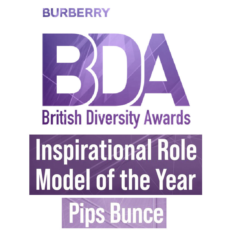 Award recognition icon highlighting the category winner of the British Diversity Awards (sponsored by Burberry) as being Pips Bunce , founder of Humility Hub