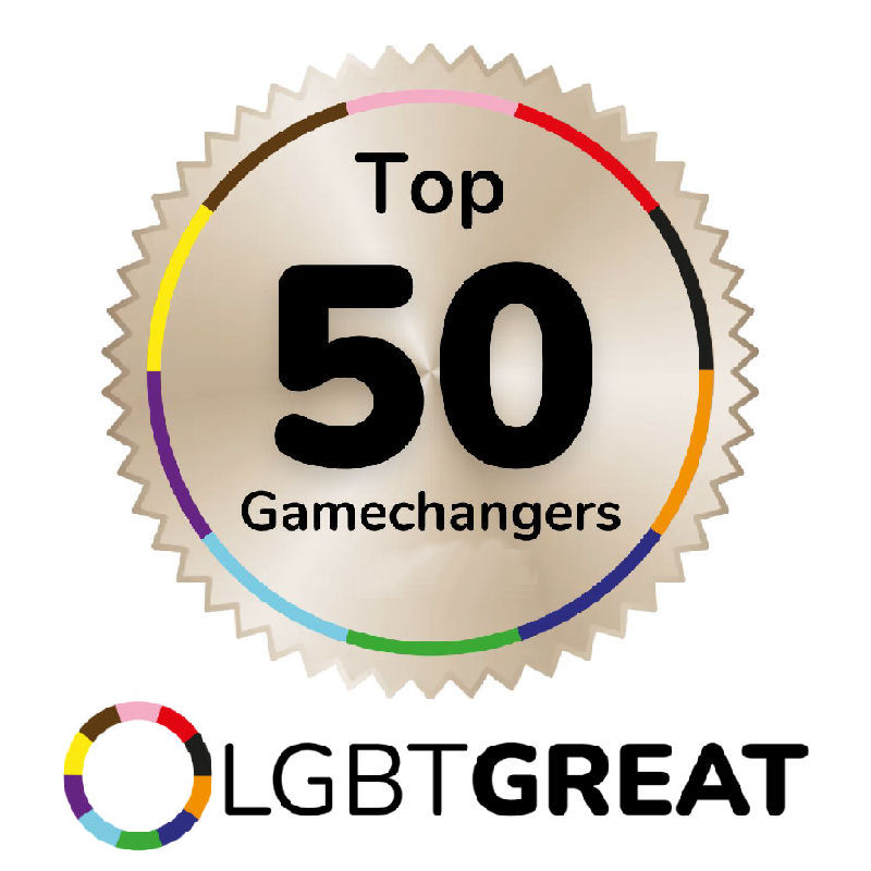 Award recognition icon highlighting the placement of Pips Bunce, founder of Humility Hub, being listed on the LGBT  Great Top 50 Game changers award list