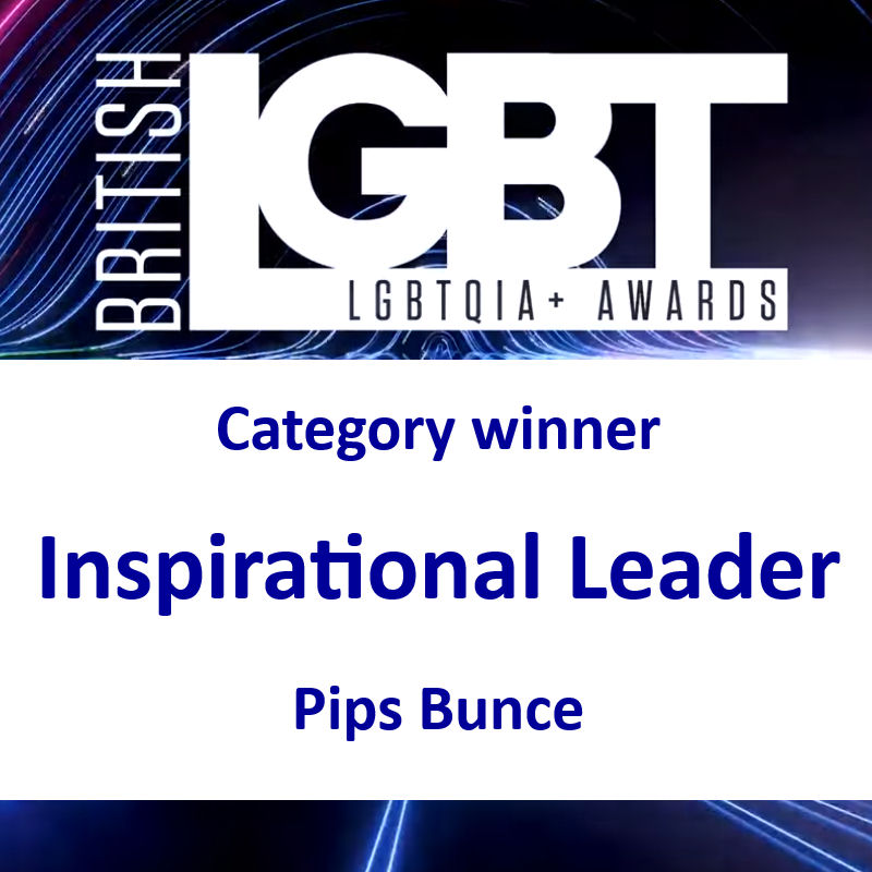 Award recognition icon highlighting the category winner of Pips Bunce, founder of Humility Hub, as the British LGBT Awards Inspirational Leader 
