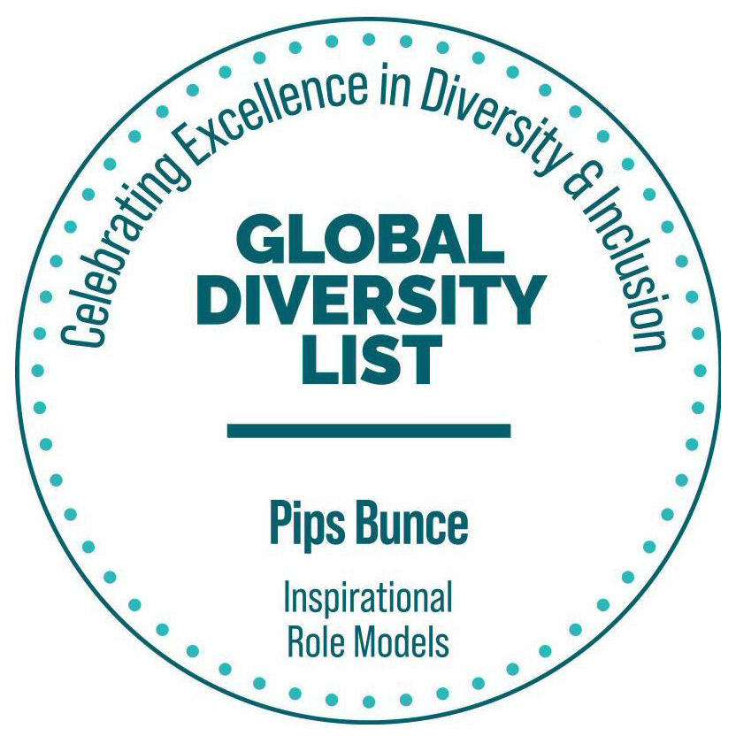 Award recognition icon highlighting the placement of Pips Bunce, founder of Humility Hub,  being listed on the Global Diversity List as an Inspirational Role Model as part of this awards objective of 'celebrating excellence in Diversity and Inclusion'