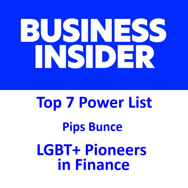 Award recognition icon highlighting the placement of Pips Bunce, founder of Humility Hub,  being listed on the Business Insider Top 7 Power List of LGBT+ Pioneers in Finance