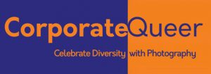 Company Logo for CorporateQueer - the words Corporate in orange text on a blue background and the word Queer in Blue letters on an orange background