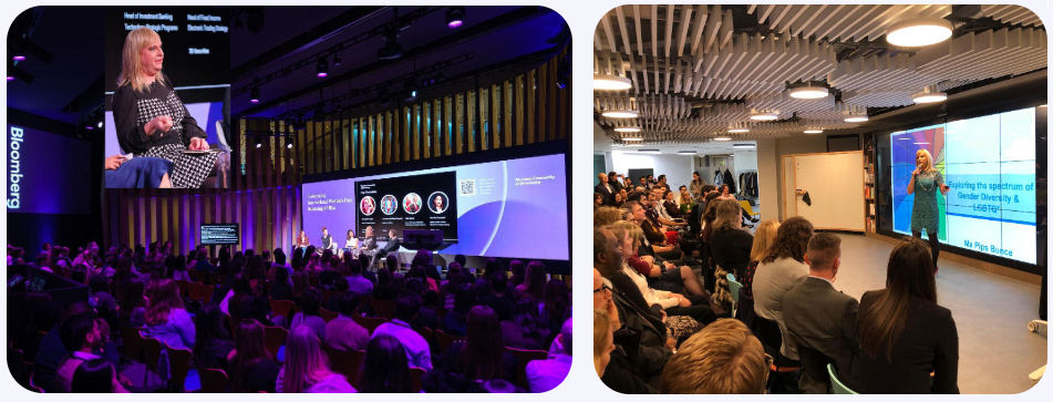 Pips Bunce presenting at two events, one on the main auditorium at Bloomberg HQ as part of a panel discussing how to balance AI bias and the other hosting a session on stage presenting on the theme of exploring a range of diverse identities