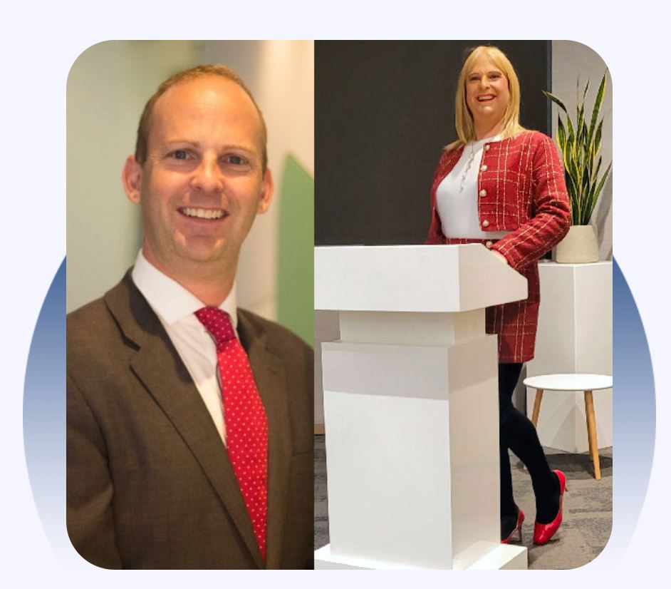Pips Bunce shown in both forms of her gender expression. On the left wearing a grey suit and red tie and on the right, shown standing and presenting behind a podium wearing a red dress
