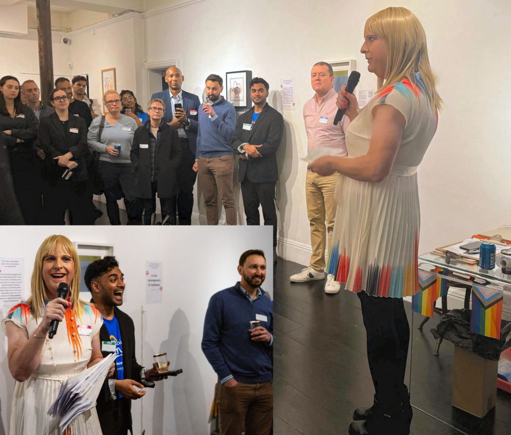 Two images of Pips Bunce with one embedded in the other, The main sgwoung her at the front of a group talking to the standing group as part of a Rainbow Mind event, the other image showing her from the front smiling and talking to the group with those in the background also smiling and laughing